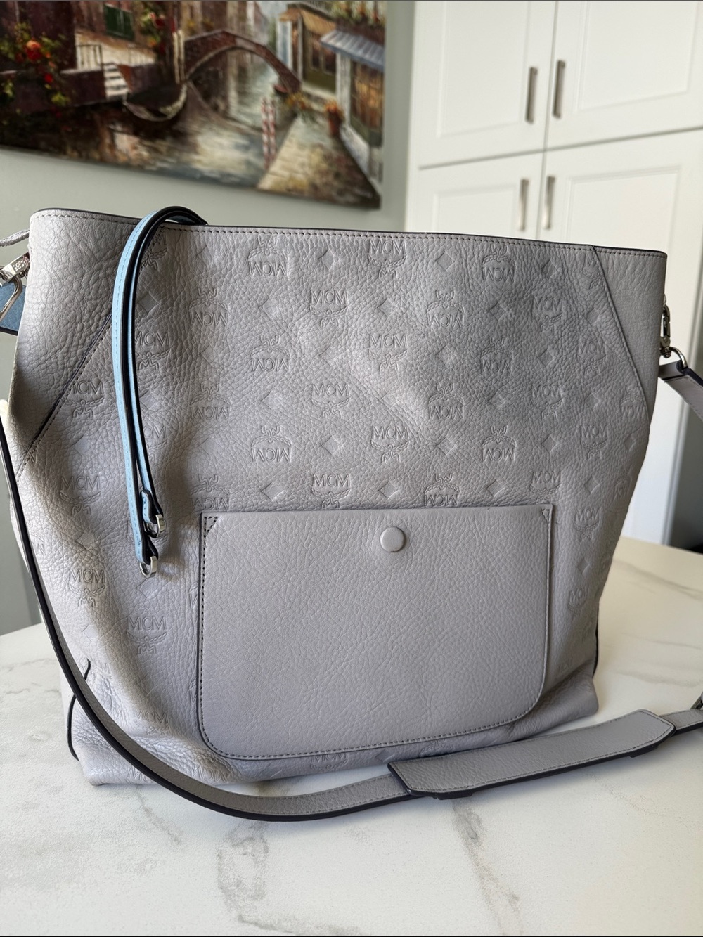 MCM Klara Monogram Leather Hobo Bag - Ivory White/Grey
